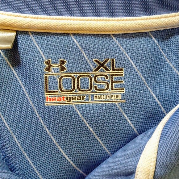 Under Armour HeatGear Loose Polo Shirt Blue White Mens Size XL Logo Side Split - Picture 5 of 7